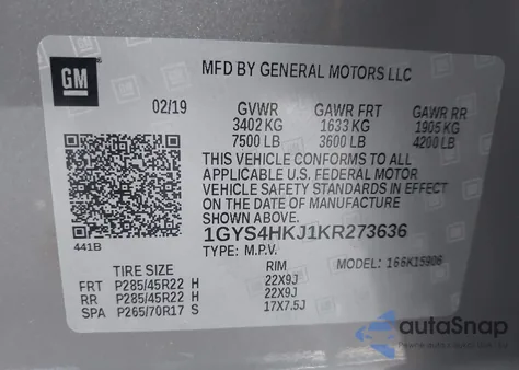 2019 Cadillac Escalade Esv Luxury из США, поврежденный, VIN 1GYS4HKJ1KR273636